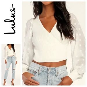 Lulu's Cream V-Neck Sweater with Sheer Sleeves